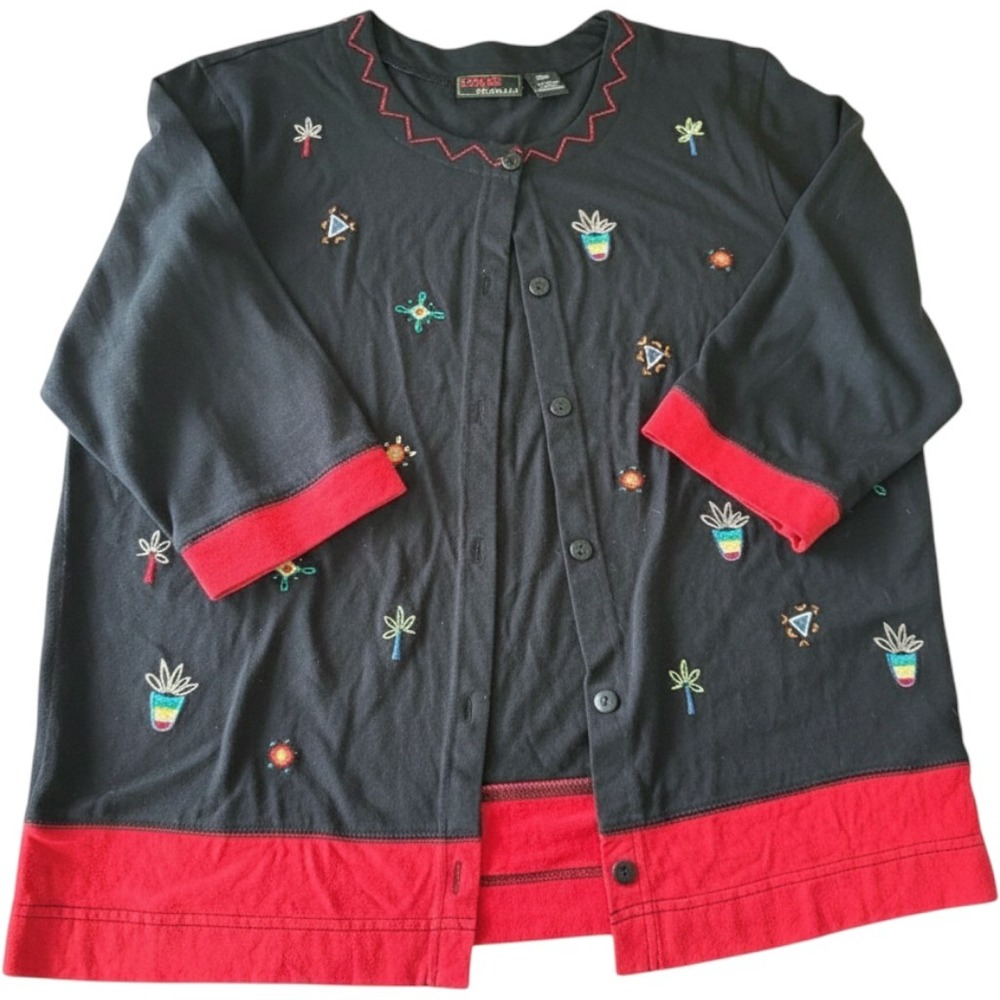 Onque Casuals Cardigan Top Embroidered Succulent Black Red Cotton XL Fall Layer